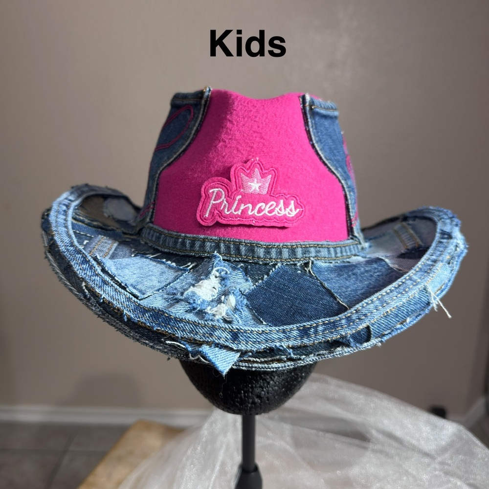 Kids Princess Pink and Blue Cowboy Hat | Denim Patchwork Cowgirl Hat